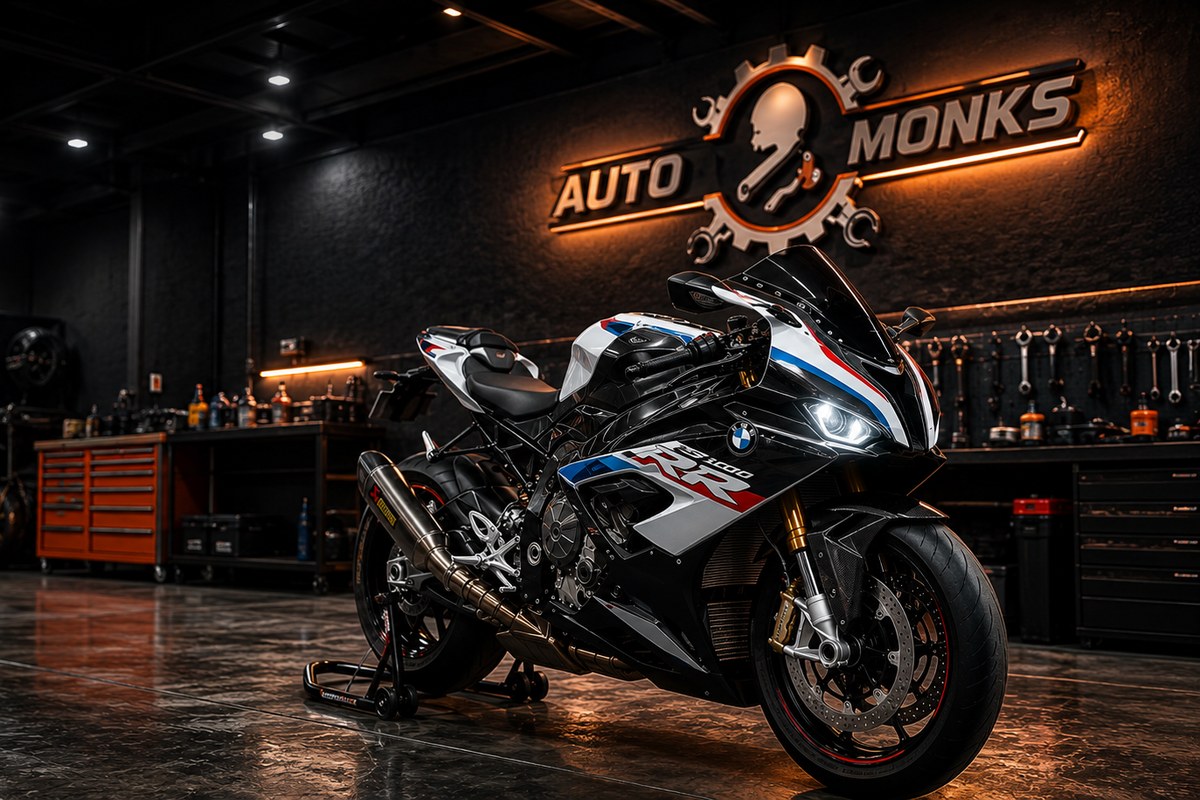 Premium sportbike inside the Auto Monks two-wheeler service workshop in Thrissur